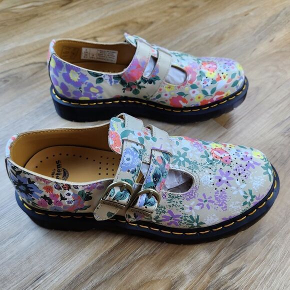 🩵NIB Dr. Martens Parchment Beige Floral Virginia Leather Mary Jane Size 8 - Picture 8 of 16